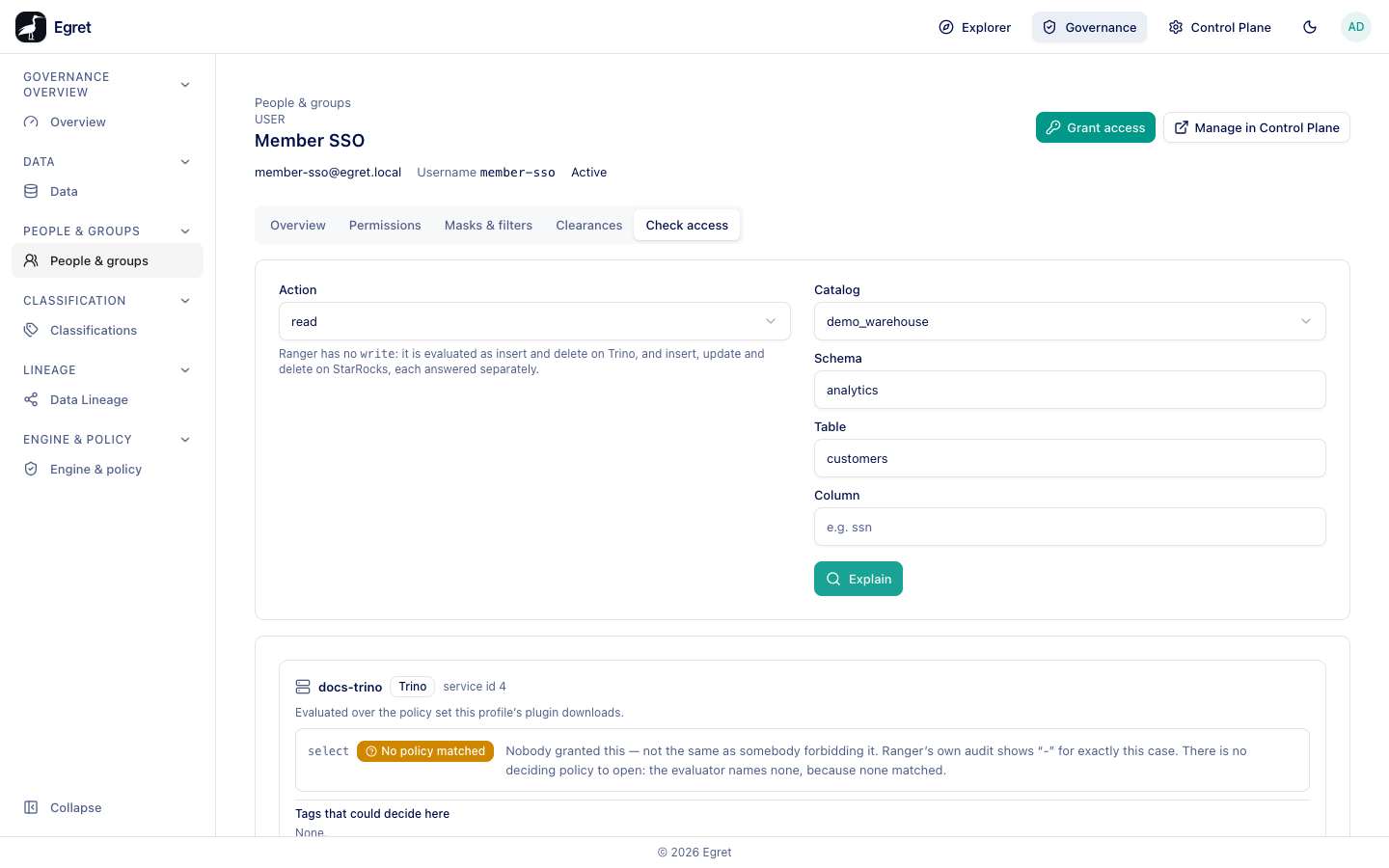 Check access for Member SSO on demo_warehouse.analytics.customers: No policy matched on docs-trino