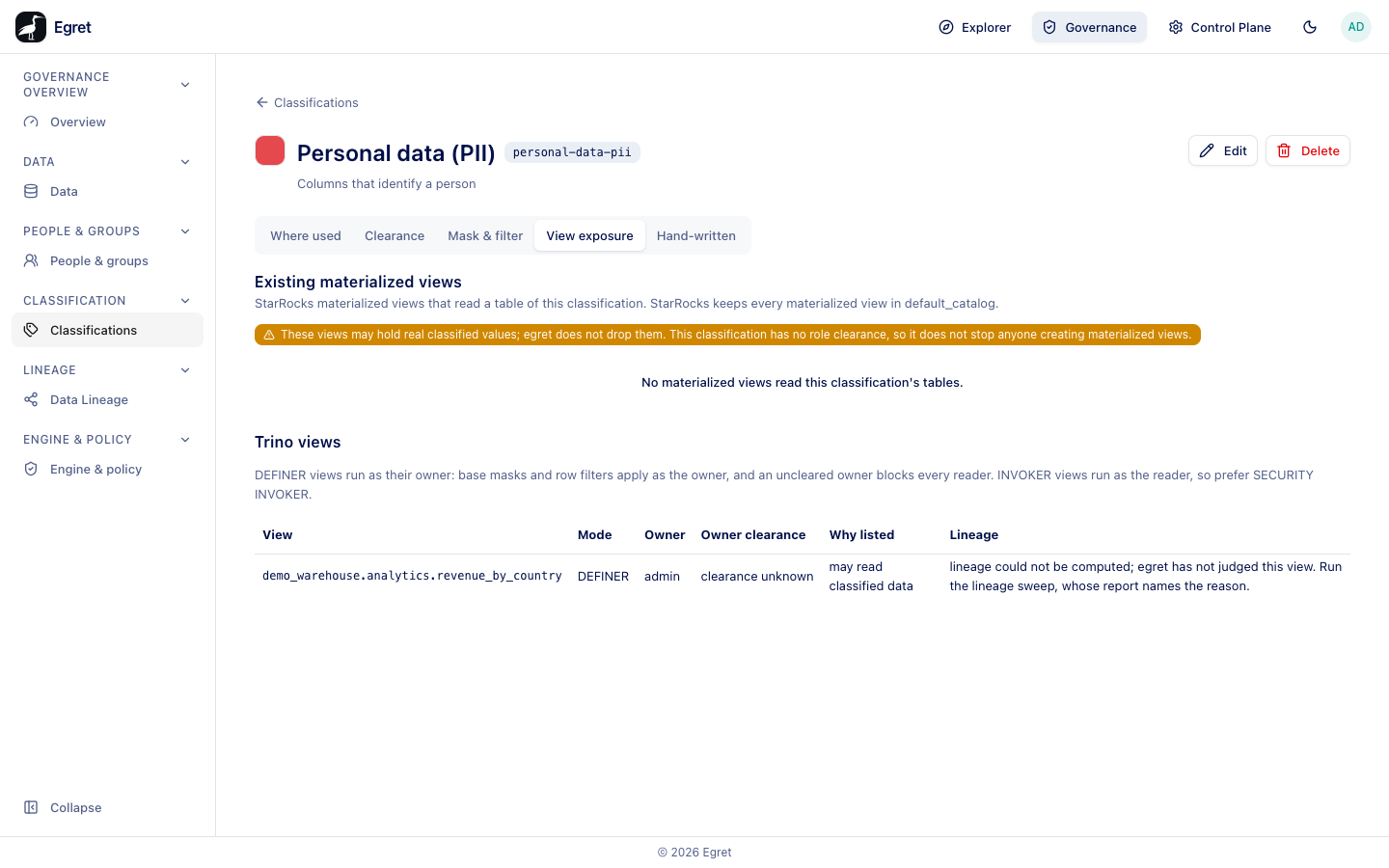 The View exposure tab of Personal data (PII): no materialized views, and one DEFINER view whose lineage could not be computed