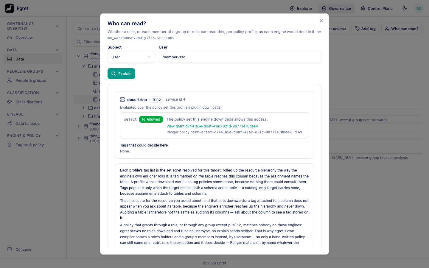 The Who can read dialog: select is Allowed for member-sso on docs-trino, with the grant that decided it