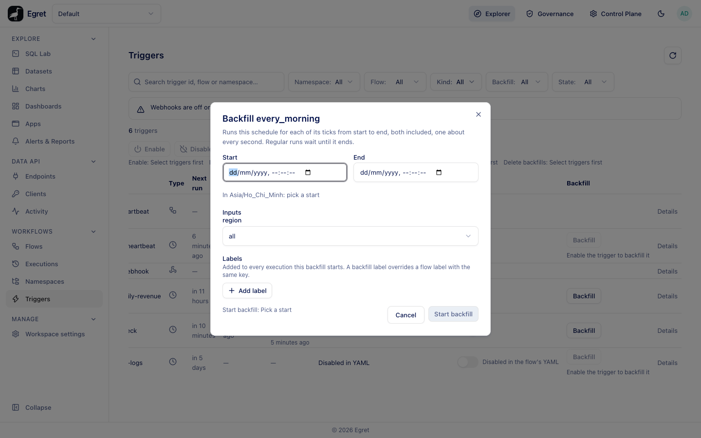 The Backfill dialog with Start, End and Labels