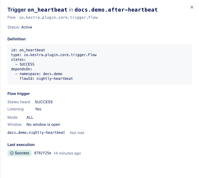 The details drawer of a flow trigger: states heard, listening, mode, window and the dependsOn condition